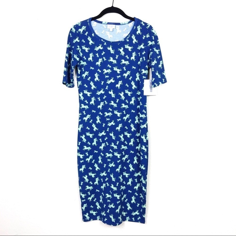 NWT LuLaRoe Blue Unicorn Printed T-Shirt Dress XS